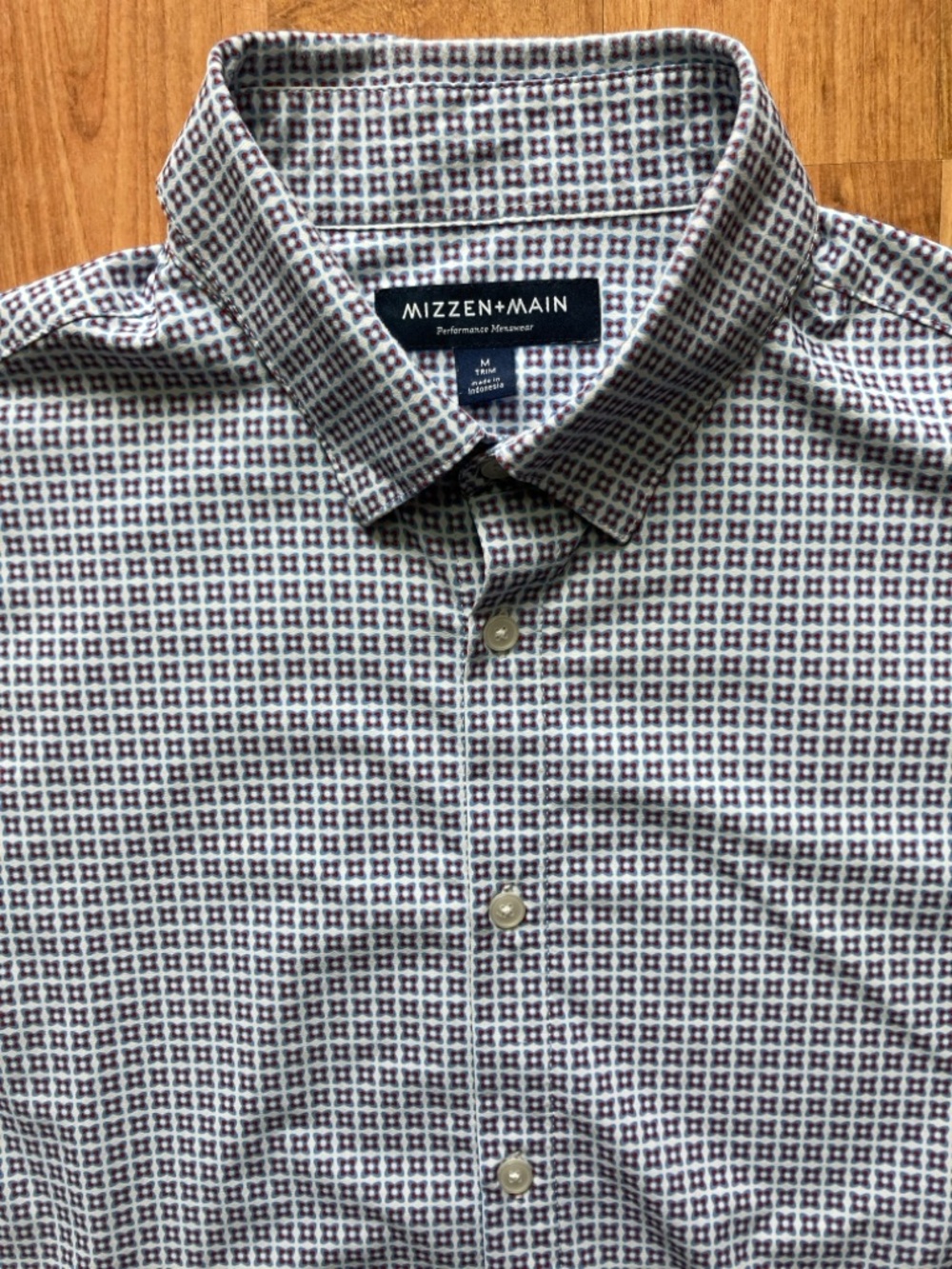 Mizzen Main Performance Stretch Mens M Trim Shirt Geometric Blue Burgundy